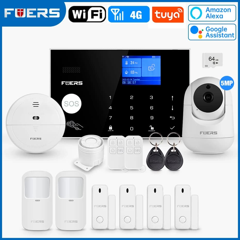 FUERS WIFI GSM Alarm System Wireless Home Burglar Security Alarm System Tuya APP Control Siren Motion Detector PIR Smoke Sensor