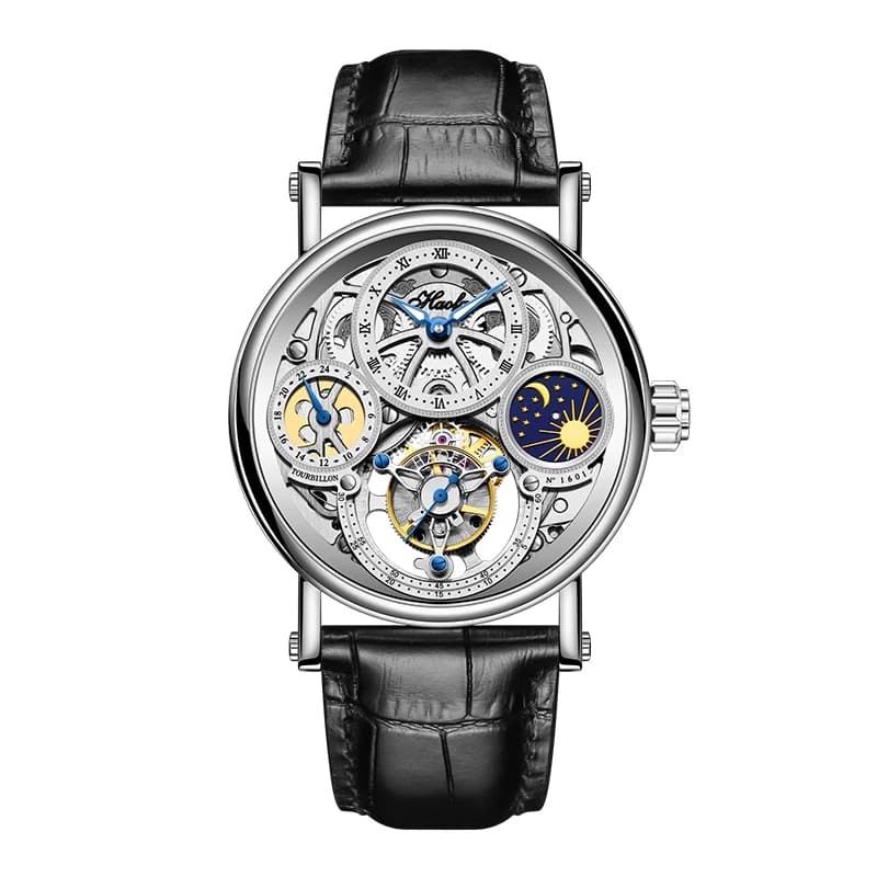 Haofa Skeleton GMT Tourbillon Movement Mens Watch Sapphire Mechancial Tourbillon Wristwatches Day And Night Watch 1601
