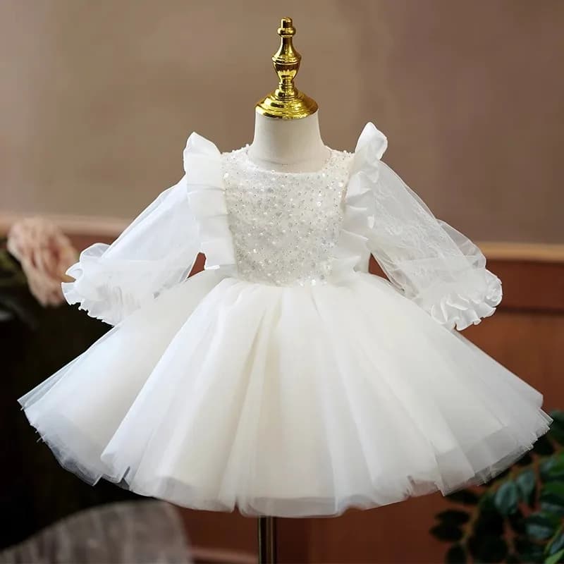 Girls New Year Princess petal White Children tutu Wedding Gown Kids Dresses Long sleeves baby infant Birthday Party Dress
