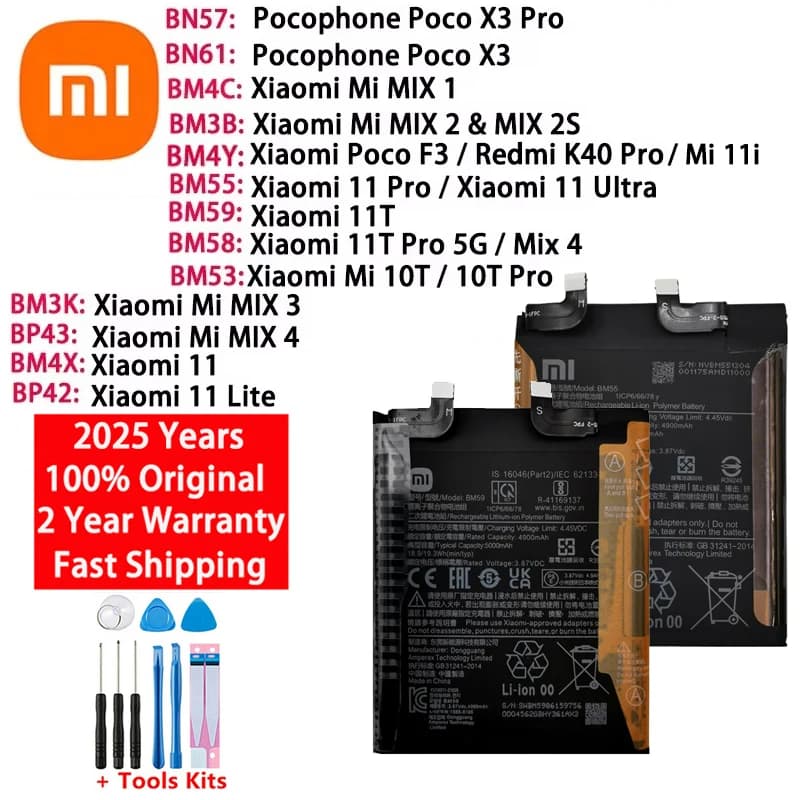 100% Original Battery For Xiaomi Pocophone Poco Mi Mix Redmi 1 2 2S 3 4 X3 F3 K40 10T 11T 5G Mi11 11i Lite Ultra Pro Batteries