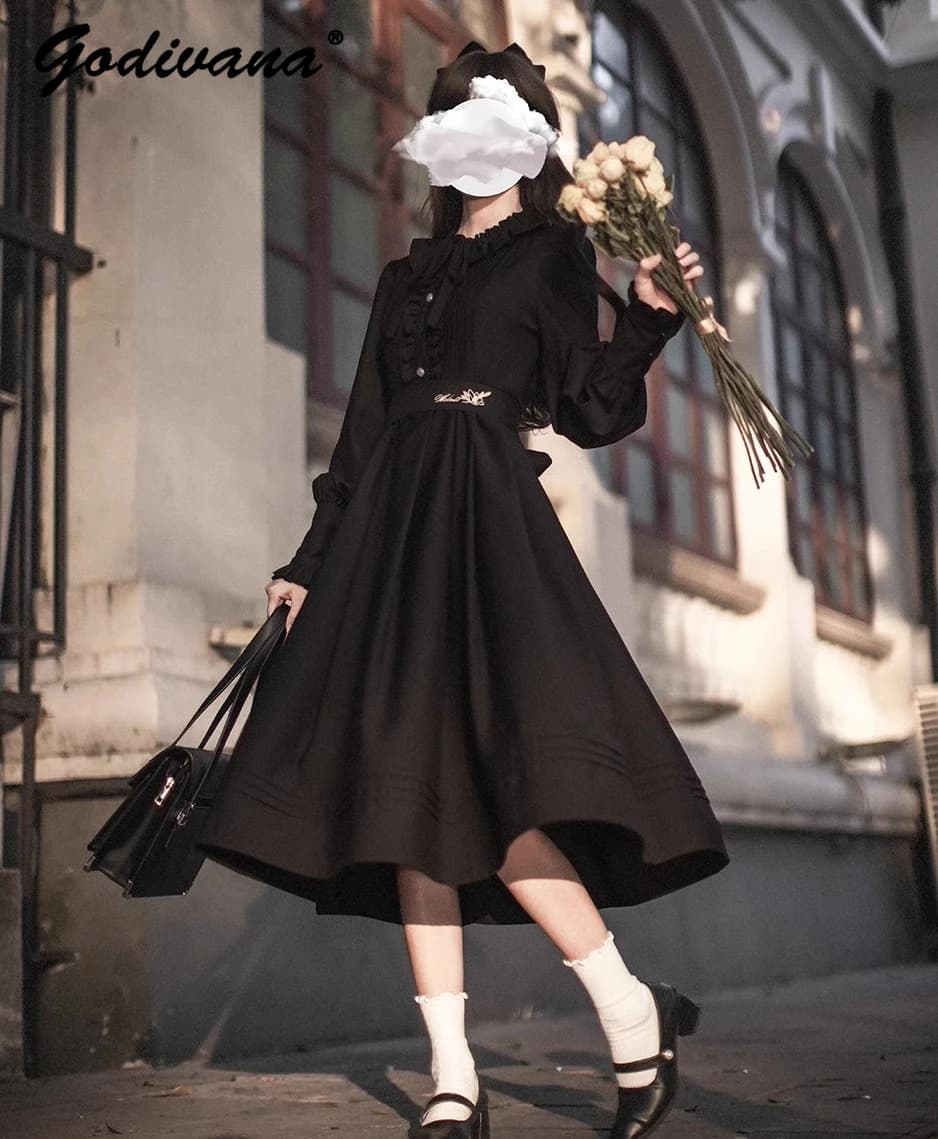 Original Retro Elegant Black and Red Full Sleeve Slim Long Dress Autumn Winter Women's JK Vintage Calf-length Dresses