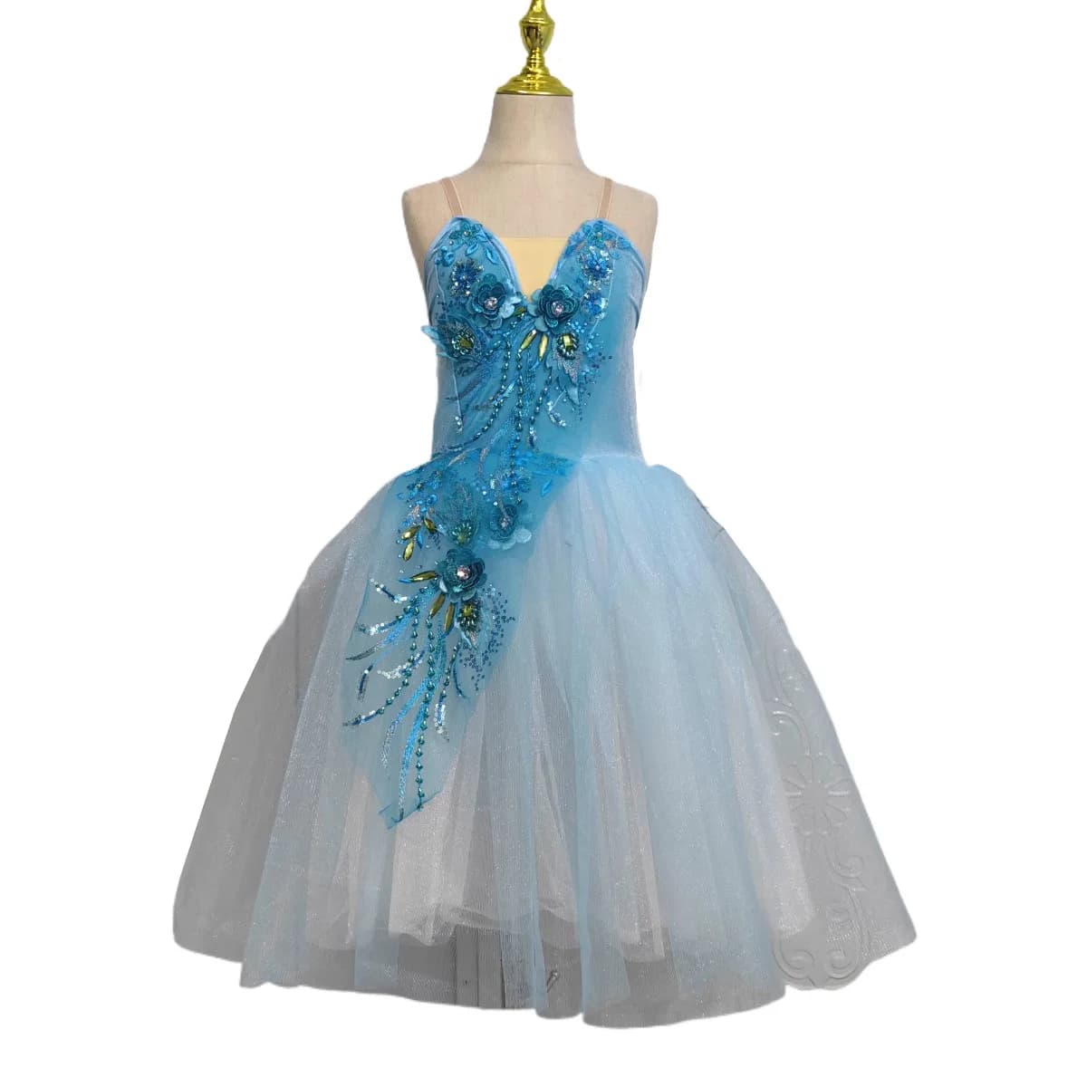 Long Ballet Tutu Skirts Blue 3d Flower Dress Performance Costumes Princess Dance Practice Romantic Dress