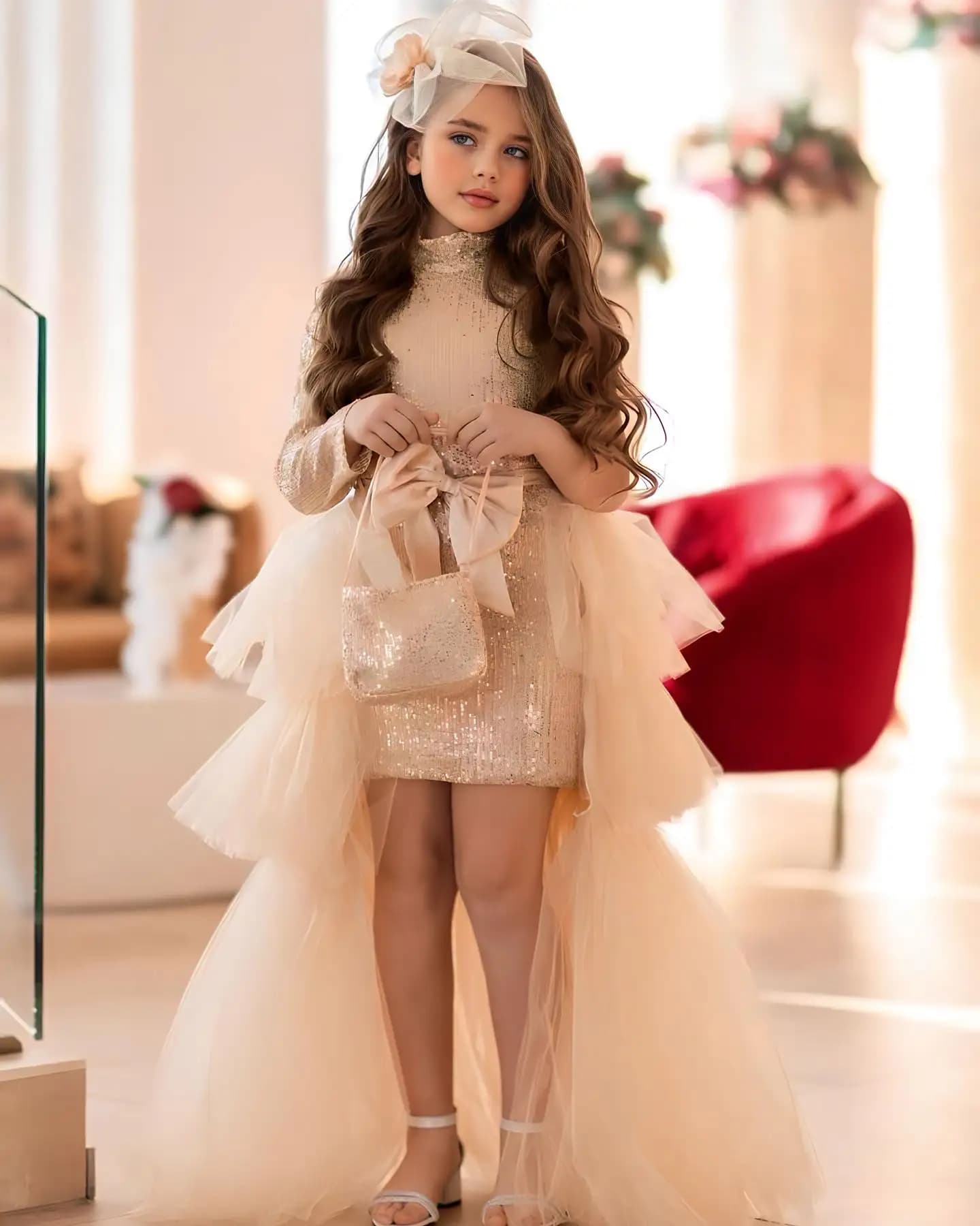 Glitter Sequins Flower Girl Dresses for Wedding One Shoulder Kids Birthday Gowns Detachable Train Little Girl Photoshoot Dresses