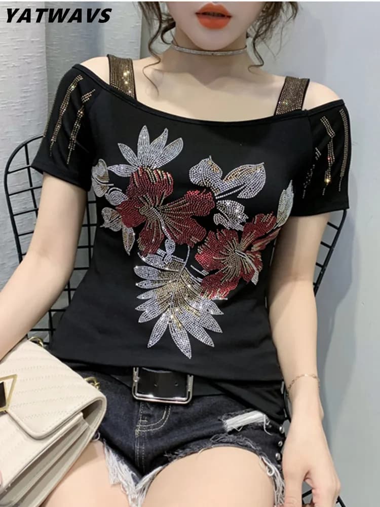 Streetwear Girl Summer Chic Clothes T-Shirt New Sexy Hollow Out Diamonds Cotton Women Tops Short Sleeve Off Shoulder Tees