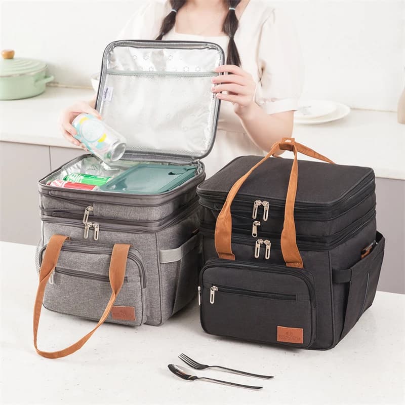 18L Portable Large Insulated Lunch Bag Double-Layer Ice Pack Thickened Thermal Cooler Bag Outdoor Picnic Storage Shoulder Bag