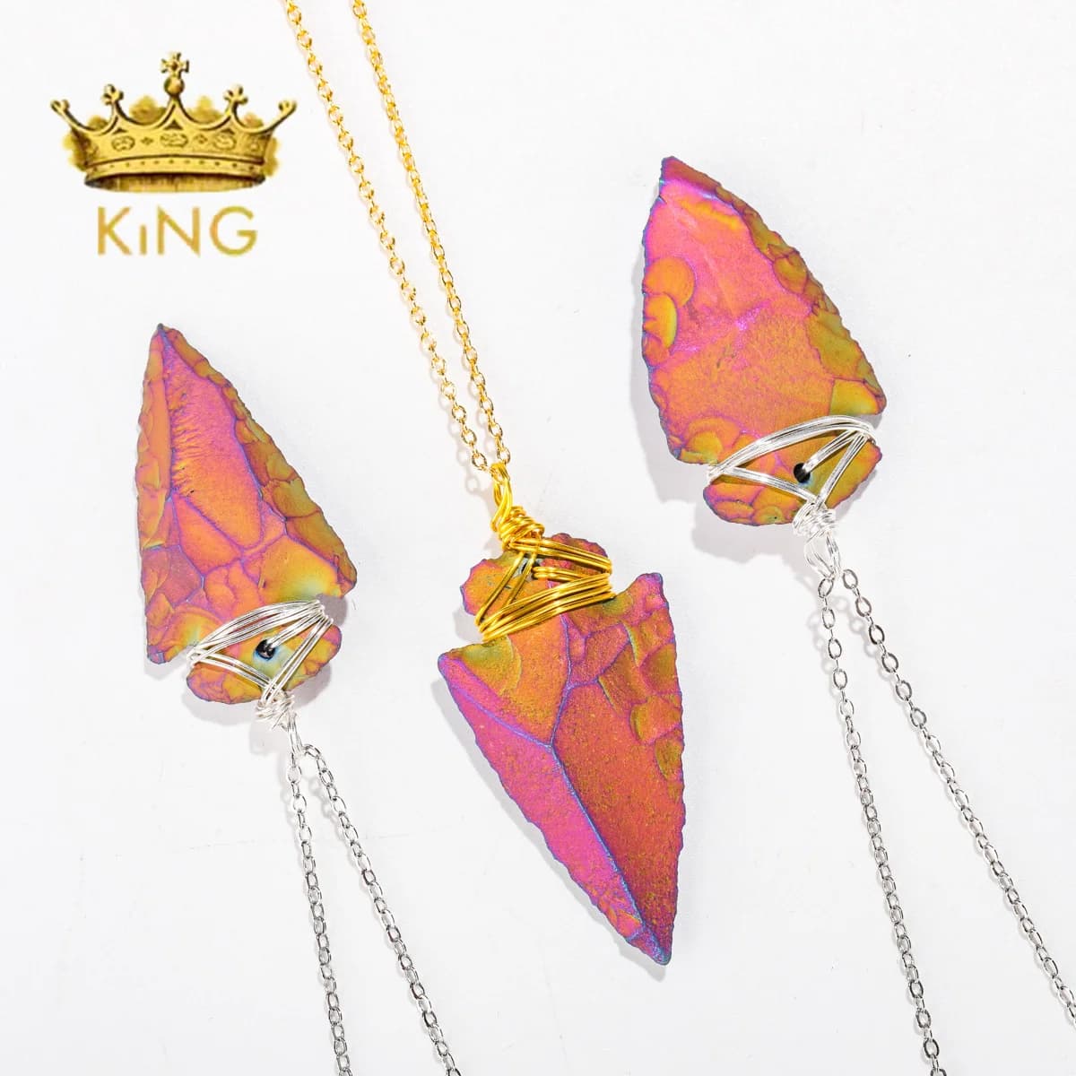 Natural Agate Titanium Color Stone Arrow Pendant Necklace with Silver/Gold Wire Wrapped Handmade Jewelry