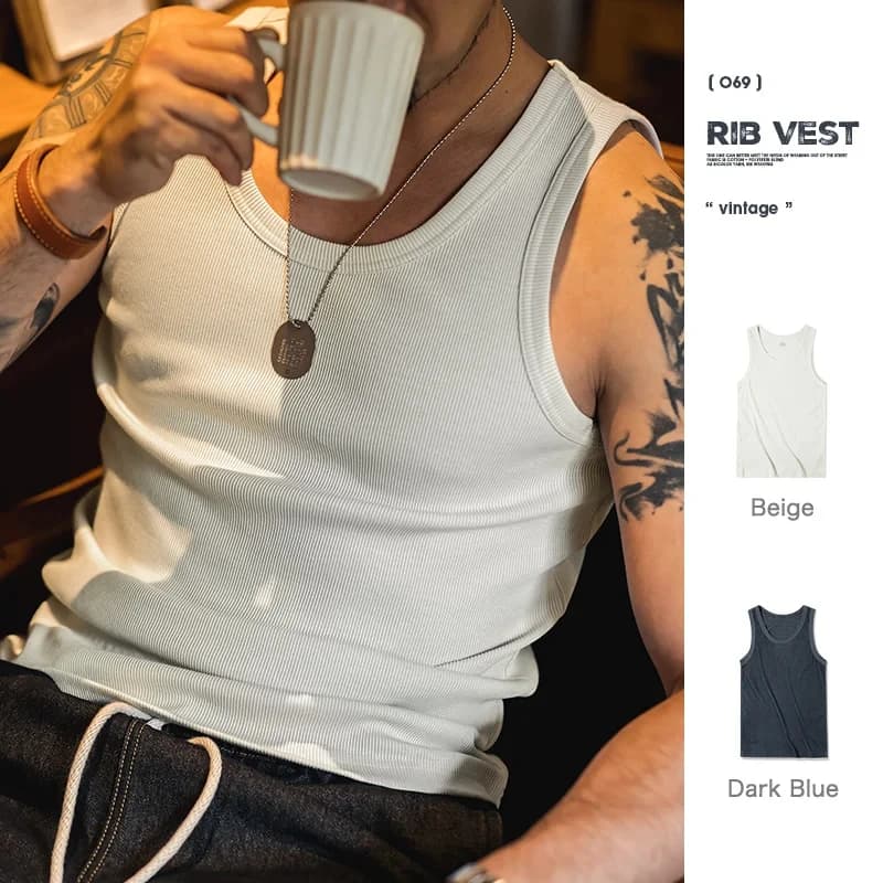 Maden Casual Men's Sleeveless Tank Tops Heavyweight Solid Color Ribbed Vest for Summer Slim Fit Sports Fitness Training T-shirt
