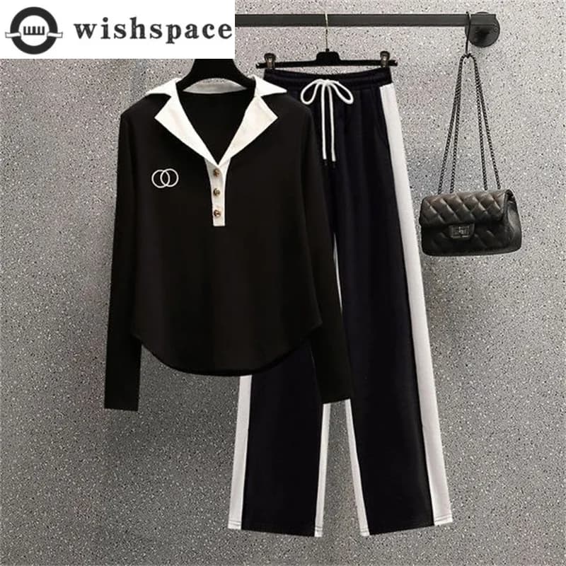 2024 Autumn New Polo Collar Long Sleeved Shirt Casual Patchwork Wide Leg Pants Two-piece Set Women's Pants Set