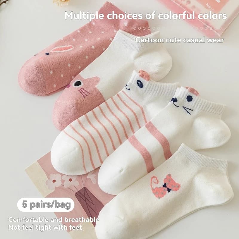5 Pairs of Cute Cat Fashion Iadies Casual Short Socks