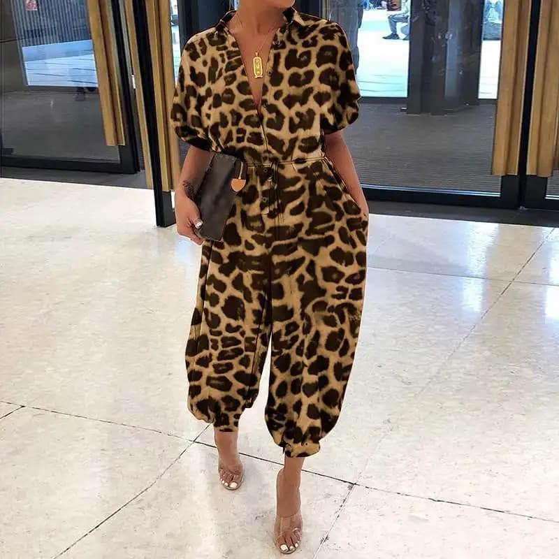 Leopard Printed Jumpsuit Women 2023 Summer New Short Sleeves Leace-up Pocket Casual Jumpsuits Fashion Vintage Ladies Bodysuits