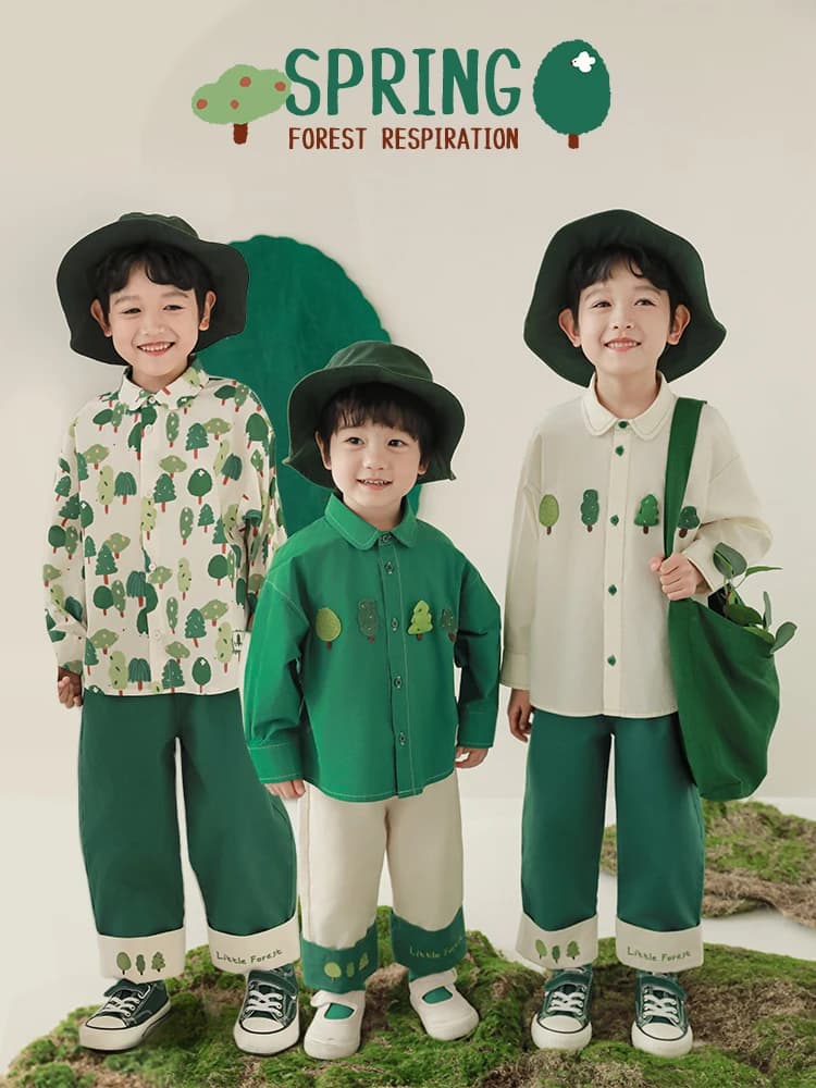 Boys' Simple Shirt Loose Long Sleeved Round Neck Base Top Spring Green Forest Series Set Trend