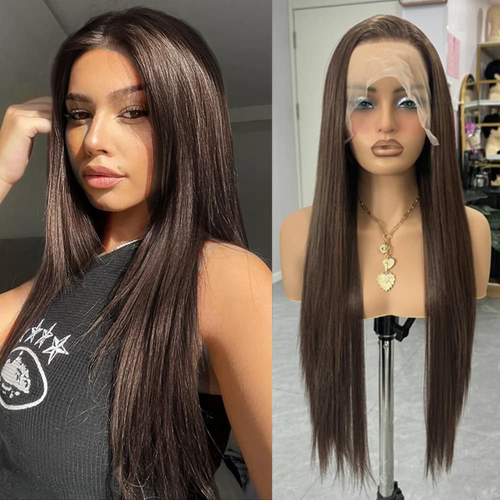 Mix Brown Wig Long Straight Synthetic Lace Wig Silky Straight Lace Hair Dark Brown Frontal Lace Wigs For Women Daily Wear Party
