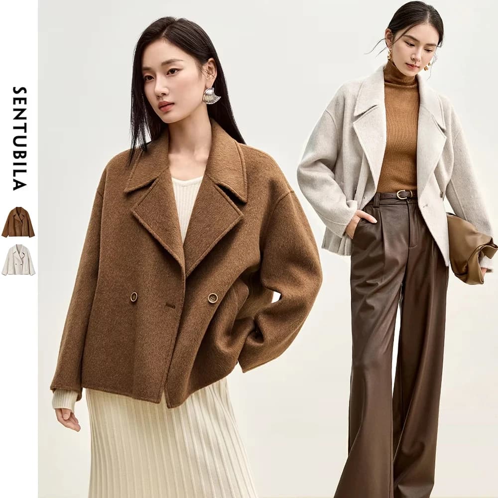 SENTUBILA Winter Short Woolen Jackets Women Outerwear 2024 Fashion Notched Collar Double Breasted Loose Coats Female W44O56123
