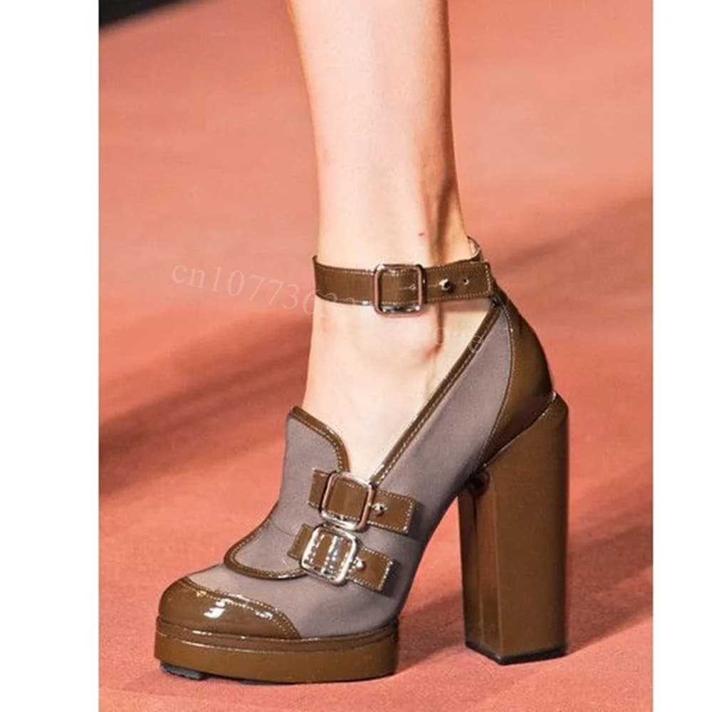 Strappy Decor Mixed Color Pumps Chunky High Heels Shoes for Women Matte Leather Fashionable Shoes 2024 Zapatos Para Mujere