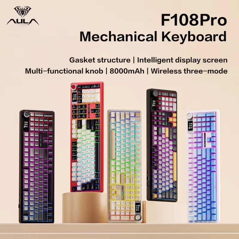 AULA F108pro Mechanical Keyboard Three-mode Bluetooth /2.4G/ Wired Customized Full-key Hot-swapable Gasket Structure RGB Light e