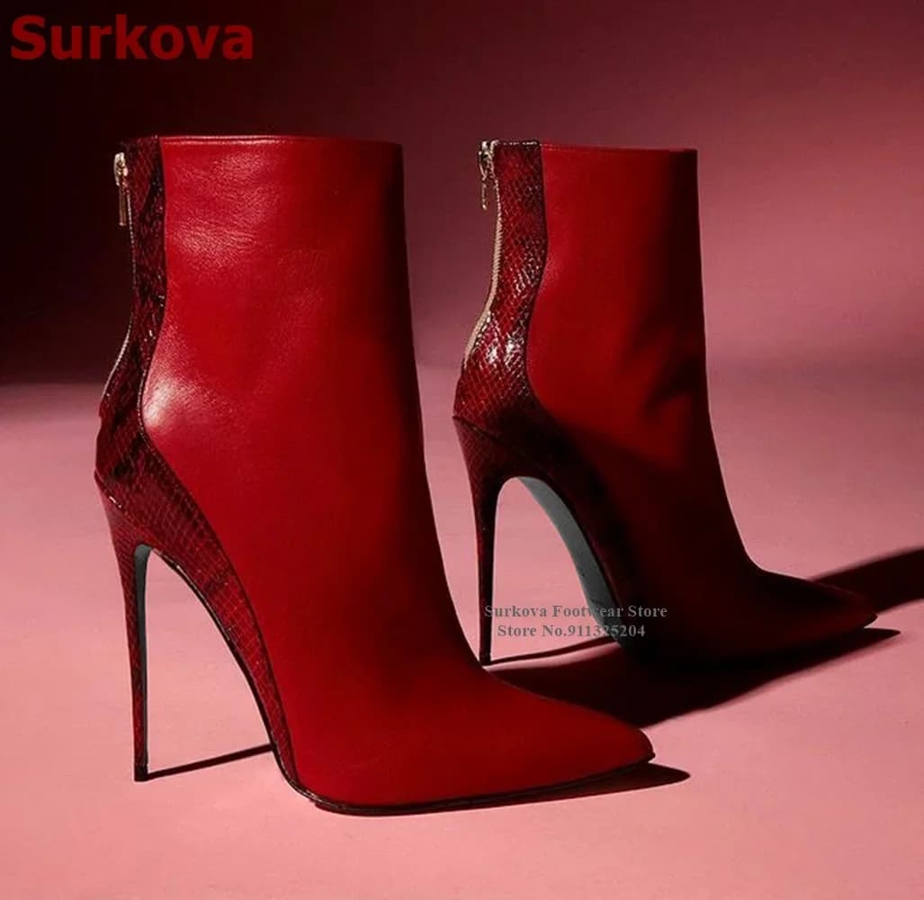 Surkova Red Snakeskin Patchwork Suede Pointed Toe Ankle Boots Women Python Thin High Heel Short Booties Back Zipper Dress Shoes