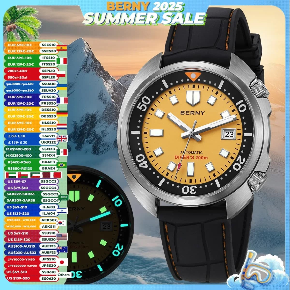 BERNY Automatic Diver Watch for Men Super Luminous Wristwatch Sapphire Sport Mechanical 20ATM 1970 Compressor Diving Men Watches