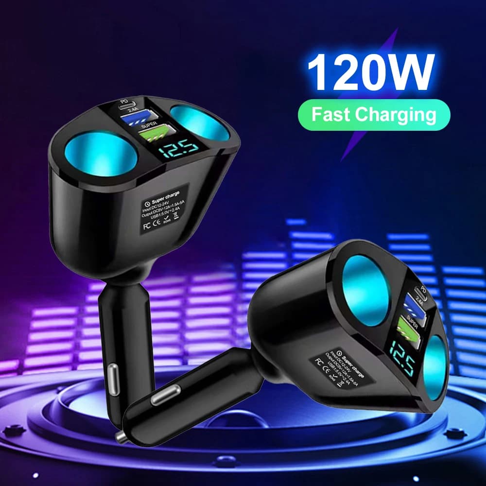 USB Car Charger Adapter Type C Multiple Devices Charged at the Same Time with Digital Display Dual-port USB Car Charger Adapter