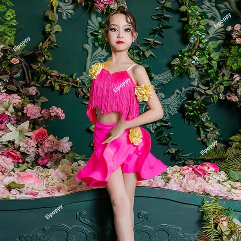 Child Samba Tango Latin Dance Dress Girls Cha Cha Ballroom Dance Costume Fringe Latin Dress Kids Competition Dress Practice Wear