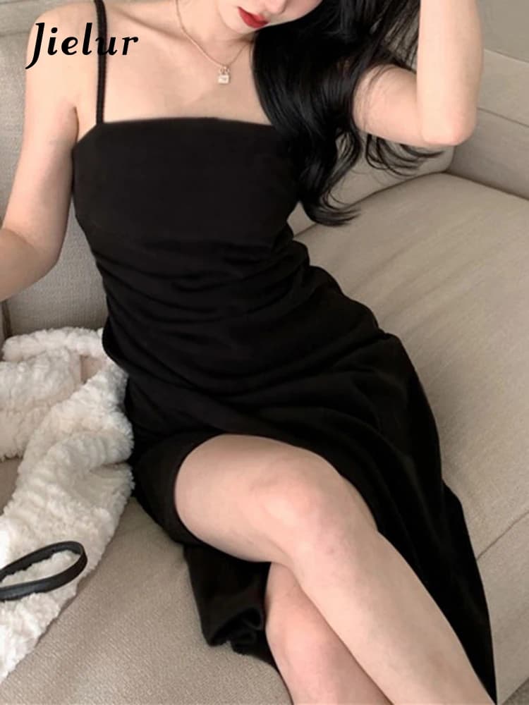 Jielur Black Strapless Irregular Pleated Women's Dresses Solid Color Sleeveless Slim Elegant Korean Style Dress Sexy Office Lady