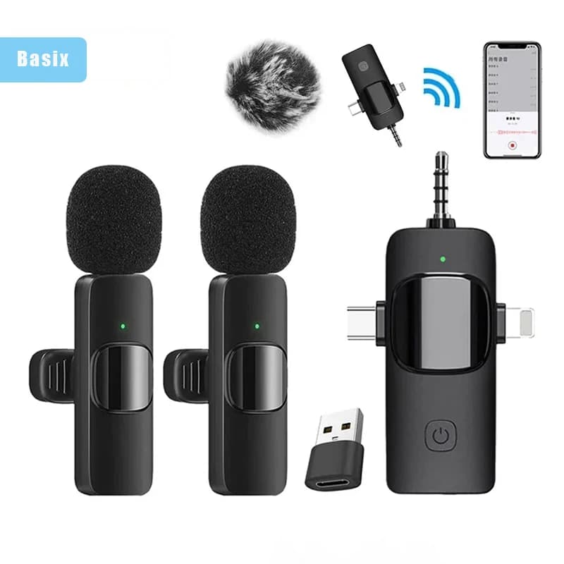 Basix 3in1 typec microphone Outdoor Portable Live Streaming Shooting Interview Mini wireless iphone lapel microphone