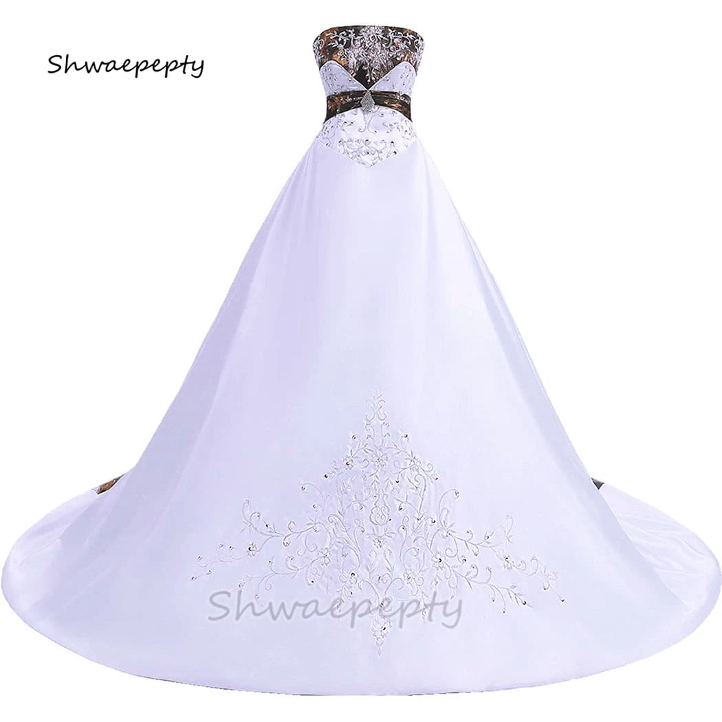 Strapless A Line Camo Wedding Dress Embroidery Sequin Beaded Satin Long Country Wedding Gown For Bride Customized