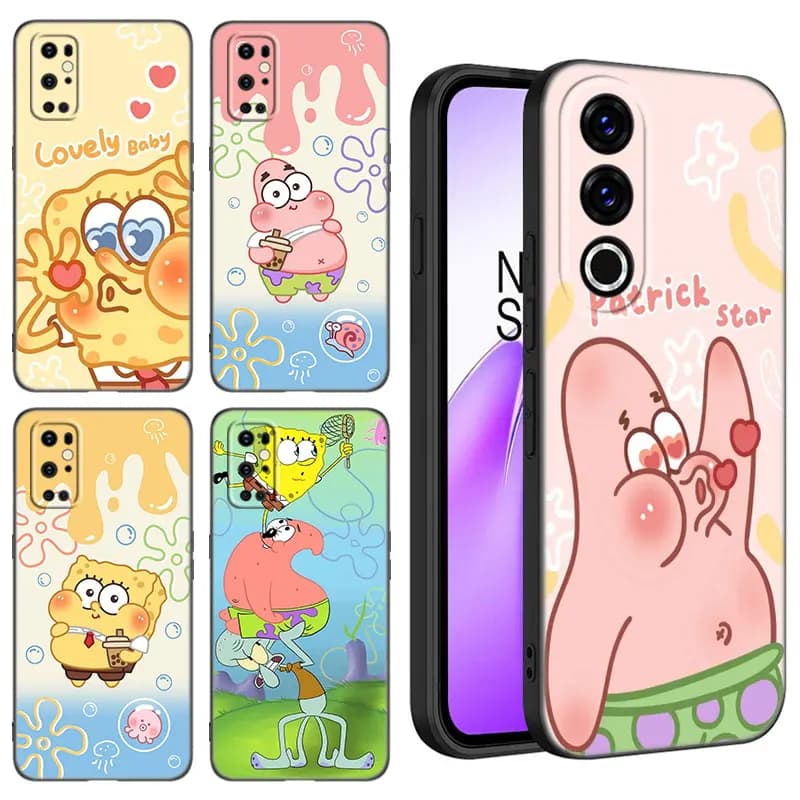 Cute S-SpongeBob Black Silicone Phone Case For OnePlus 10R 11R 12R ACE 2 3 Pro 2V 3V Nord CE 2 3 4 Lite N10 N20 N30 SE 5G