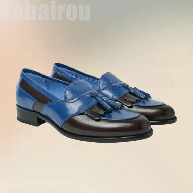 Blue Black Tassels Decor Matte Leather Penny Loafers Fashion Slip On Men Shoes Luxurious Handmade Party Office Men Dress Shoes