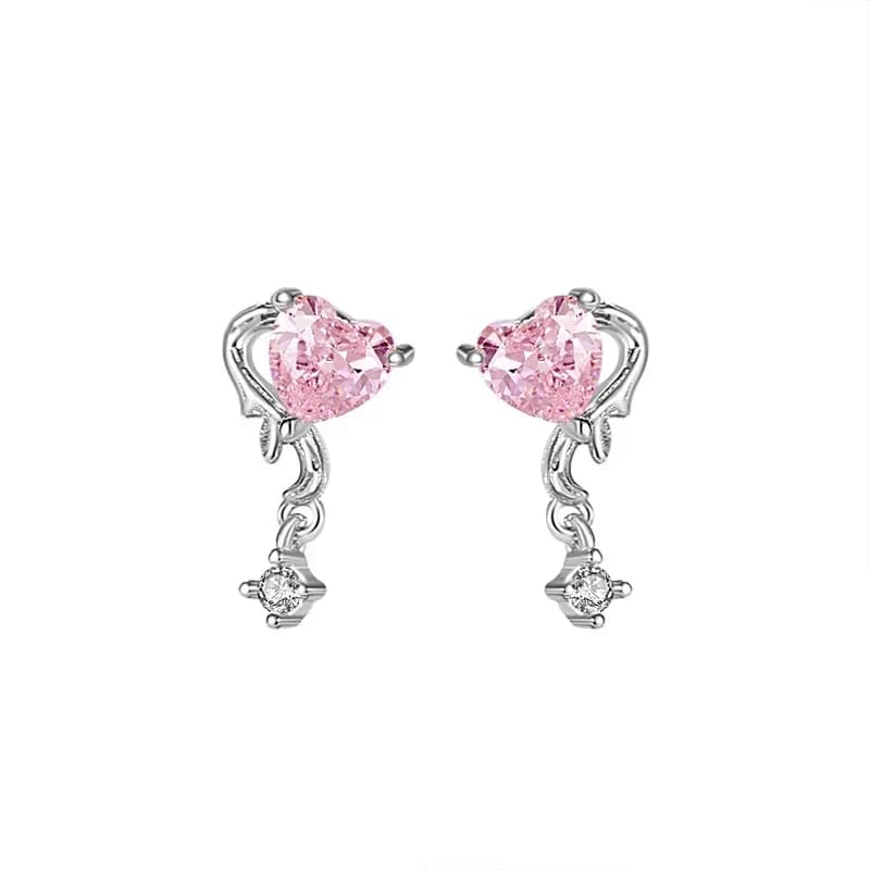RYJU Shiny Y2K Silver Color Love Zircon Earrings for Women 925 Sterling Silve Delicated Pink Crystal Sweet Cool Girl Jewelry