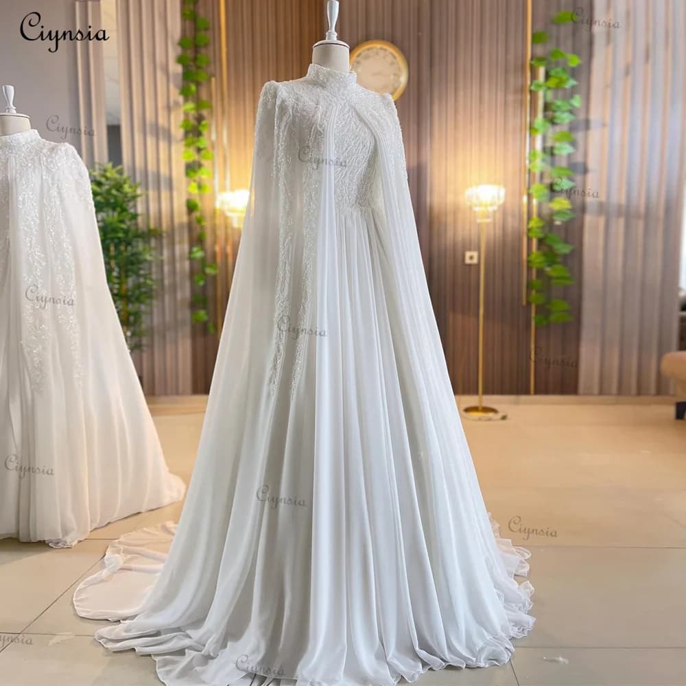 Ciynsia Customized Luxury Long Sleeves Muslim A-Line Wedding Gowns Beading Chiffon Bride Dress with Cape Vestidos De Novia