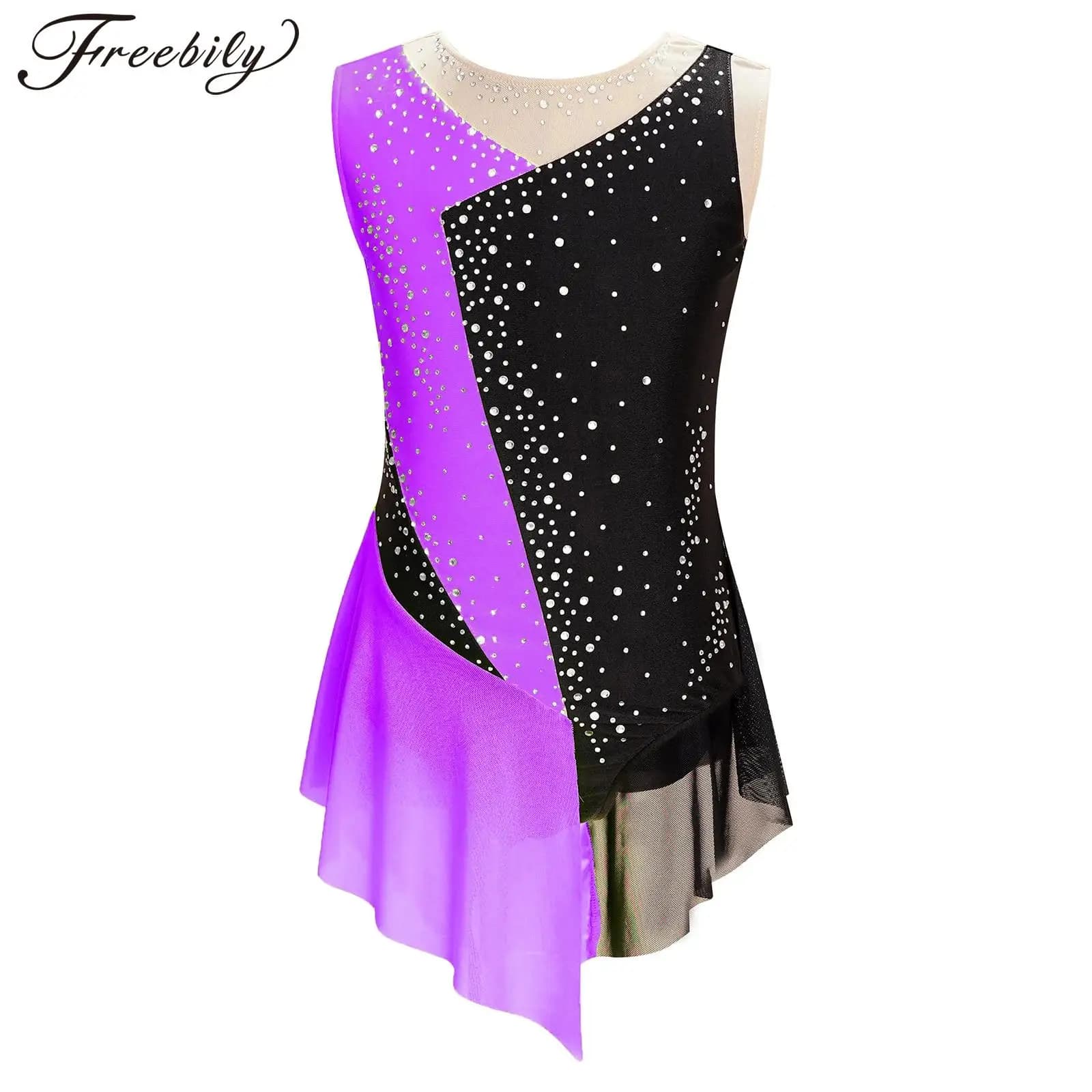 Kids Girls Sparkly Rhinestone Figure Skating Leotard Color Block Sheer Mesh Splice Bodysuit Rhythmic Gymnastic Performance Wear