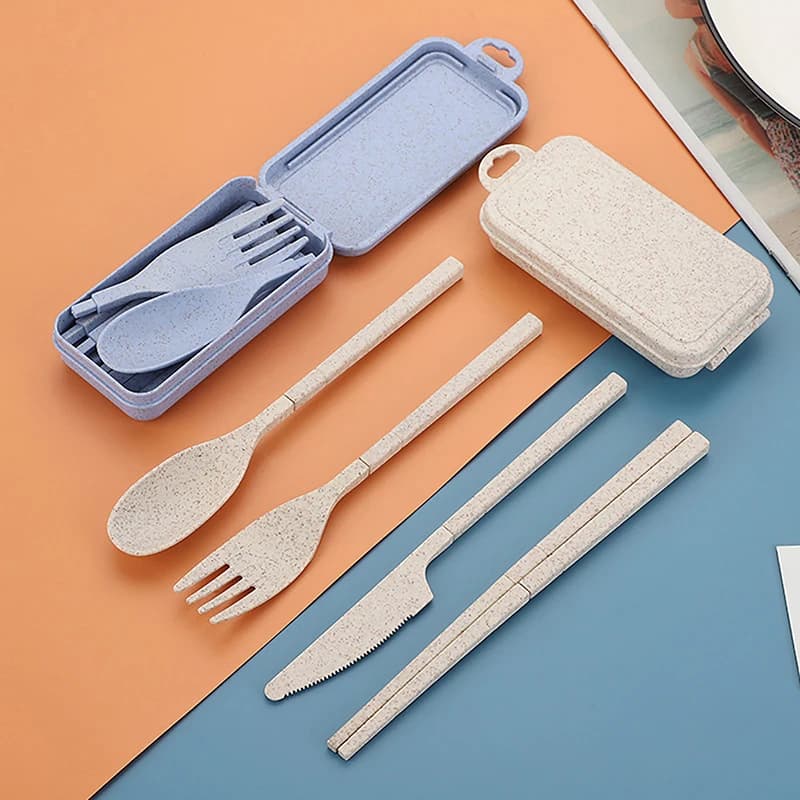 Portable Wheat Straw Fork Cutlery Set Foldable Folding Chopsticks Cutlery Set With Box Travel Kitchen Accessories