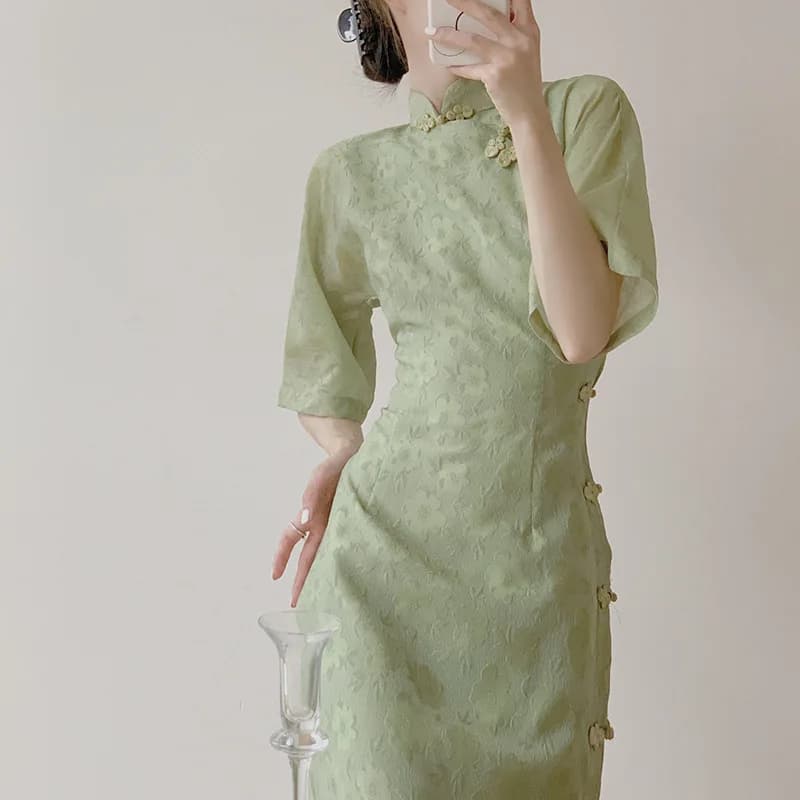 Big Sleeve Cheongsam Improved New Chinese Style Dresses  Green Qipao Lady Vintage Women Summer Spring Qipao Jacquard Vestidos
