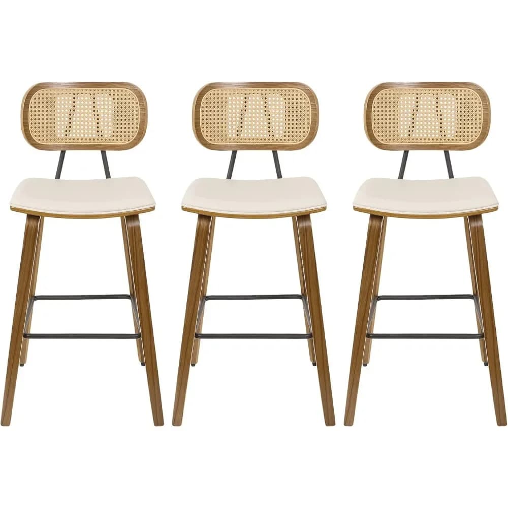 Counter Height Bar Stools Set of 3,26" Wood Kitchen Stool PU Leather Upholstered Barstool with Rattan Back,Cream White