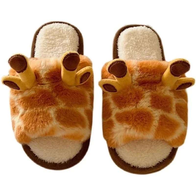 Winter Women Cute Home Plush Slippers Cartoon Giraffes Warm Faux Fur Lining Fluffy Cozy Flat Non Slip Sole Ladies Shoes