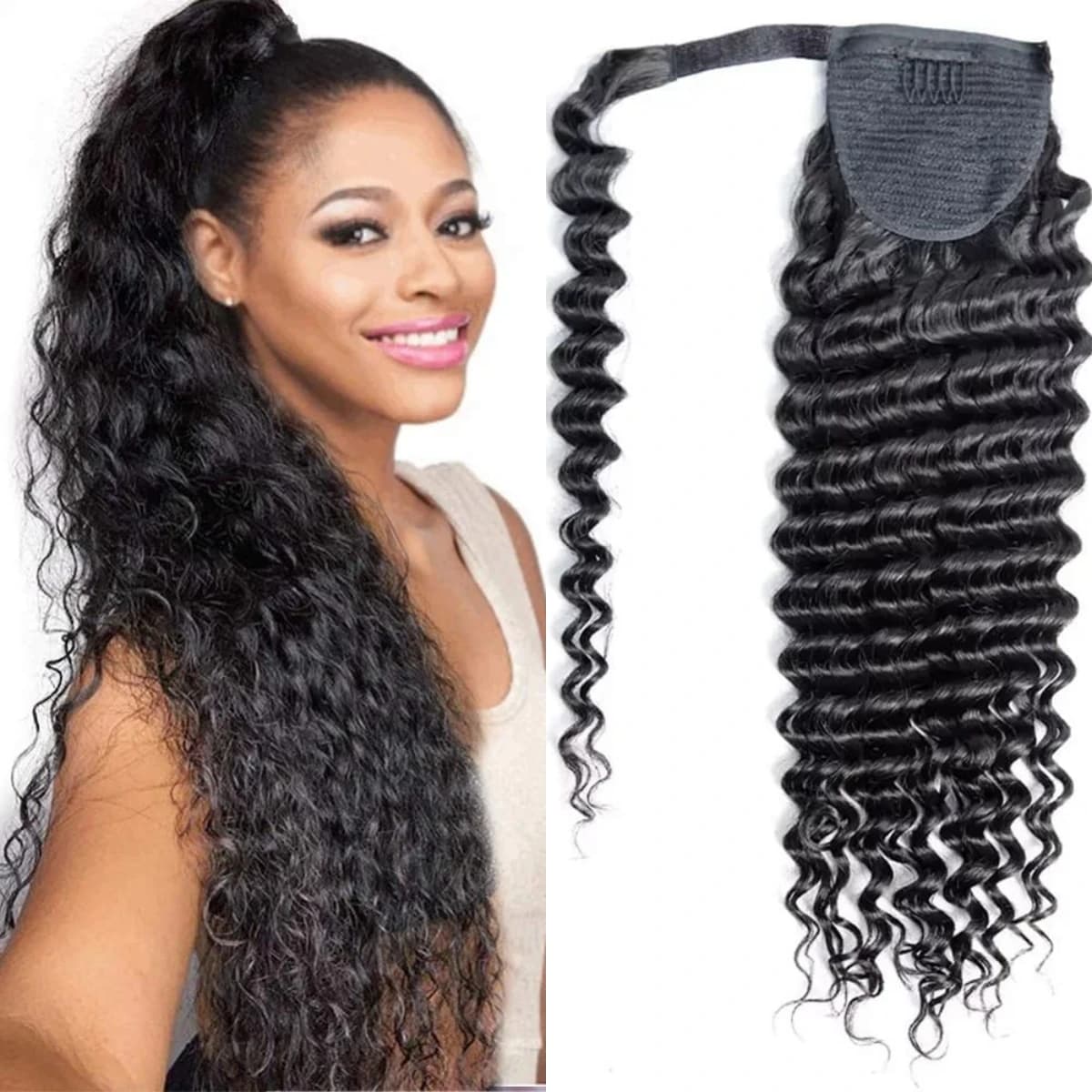 Long Straight Wrap Around Clip In Ponytail Hair Extensions Body Deep Wave Virgin Human Hair Extensions Magic Paste Warp Around