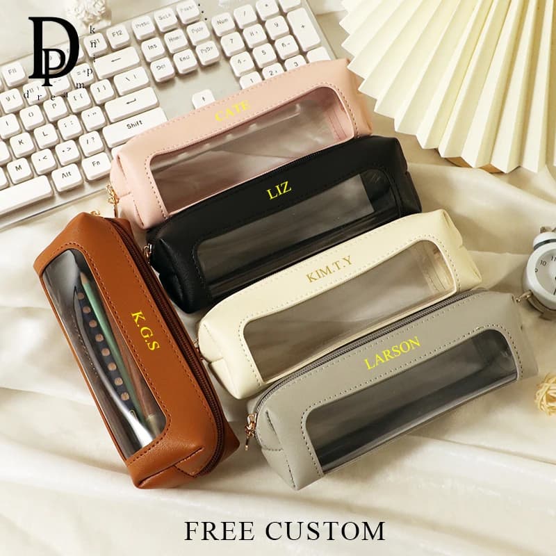 Custom Name Zipper Cosmetic Bag Engraving Leather Luxury Pencil Case Travel Waterproof Large Capacity Storage Bag Gift Pen Bag