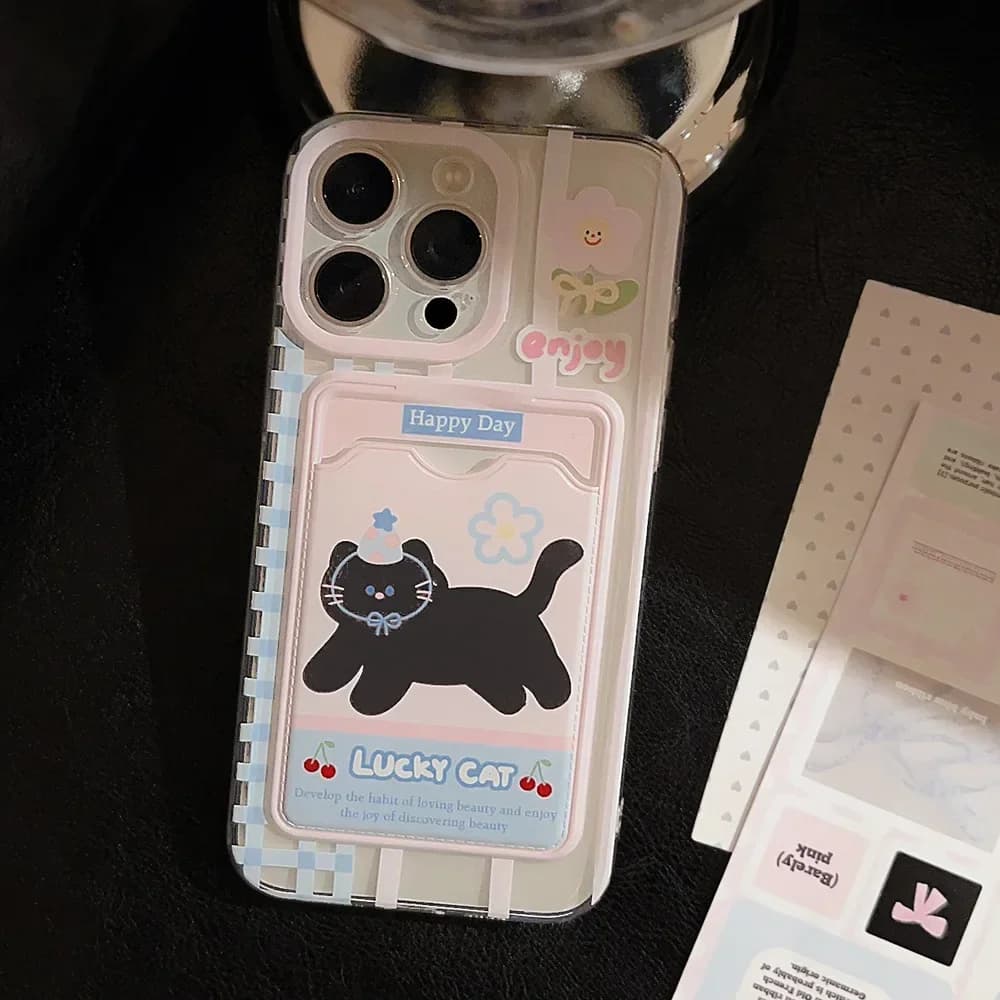 Cherry Party Black Cat Photo card holder Clear Phone Case For iPhone 16 15 14 13 12 11 Pro Max Xr 16Plus Case Cute Cartoon Cover