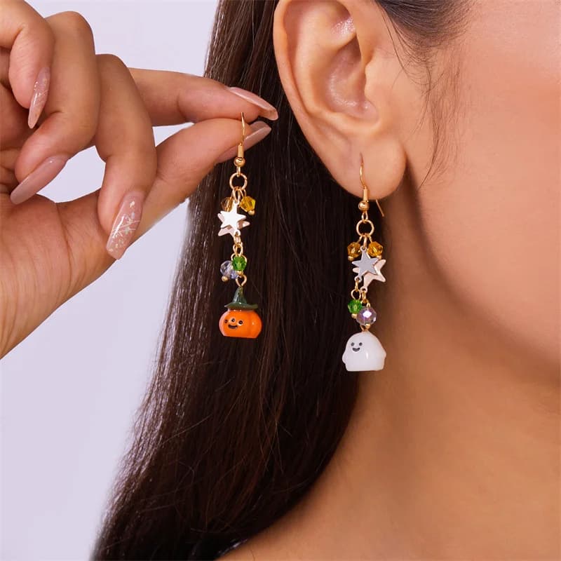 1Pair Halloween Cute Dangle Asymmetrical Earrings Cartoon Ghost Pumpkin Star Long Tassel Earrings For Women Party Jewelry Gift