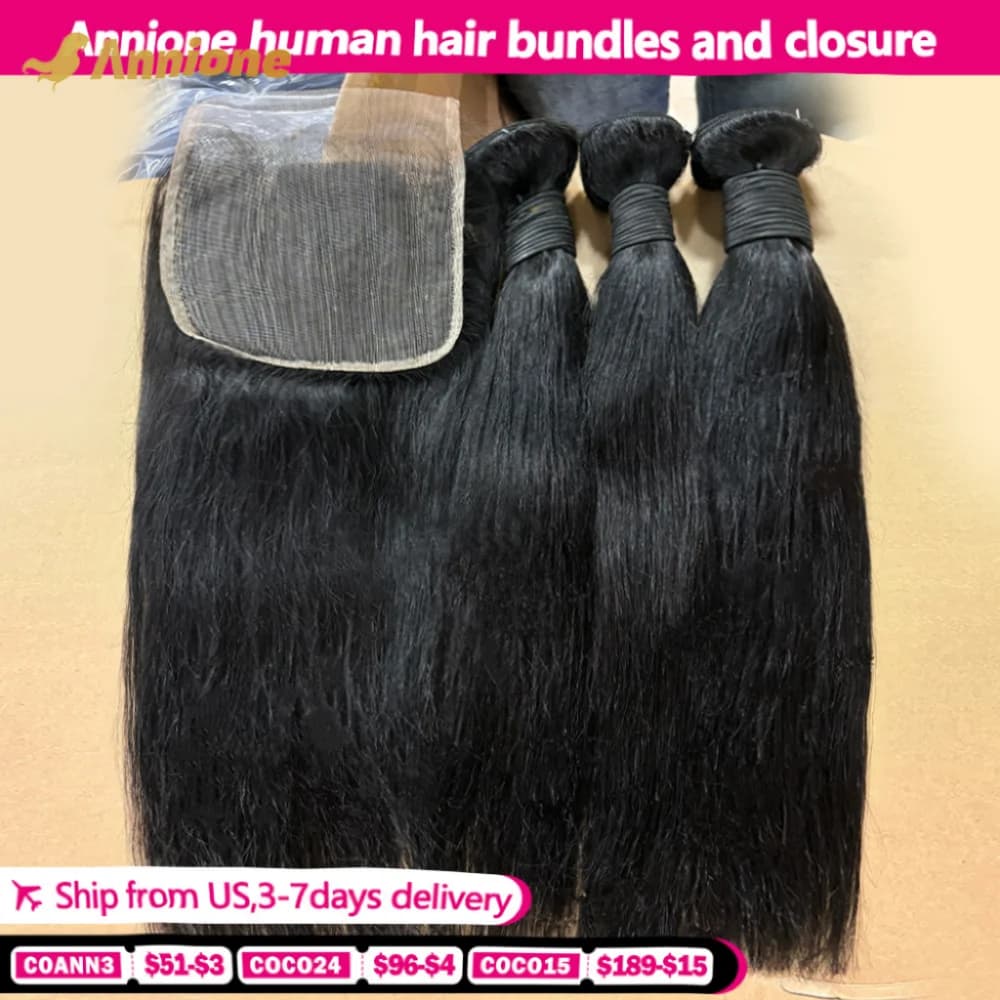 Annione Straight Human Hair Bundles With Closure Brazilian Raw 100% Human Hair With 4x4 5x5 2x6 Closure With Baby Hair Extension