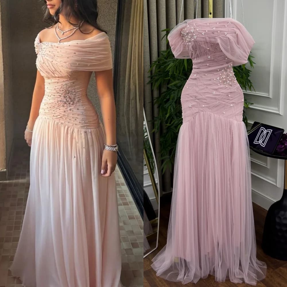 Customized Modern Style Intricate Tulle Pearl Rhinestone Ruched Straight Off-the-shoulder Long Dresses Bespoke Occasion Dresses