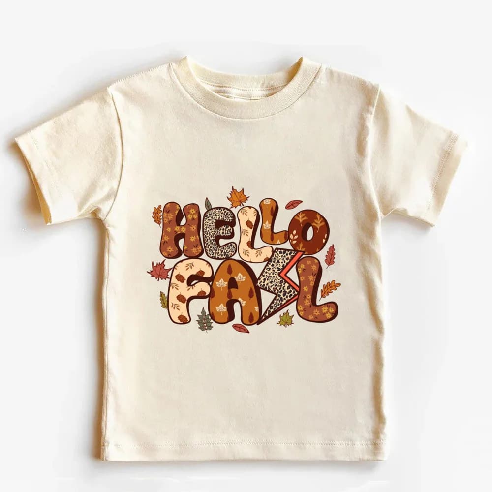 Hello Fall Toddler Shirt Fall Leaves Kids Shirts Cute Autumn Pumpkin T-Shirt Vintage Natural Toddlershort Sleeve Tee Clothes