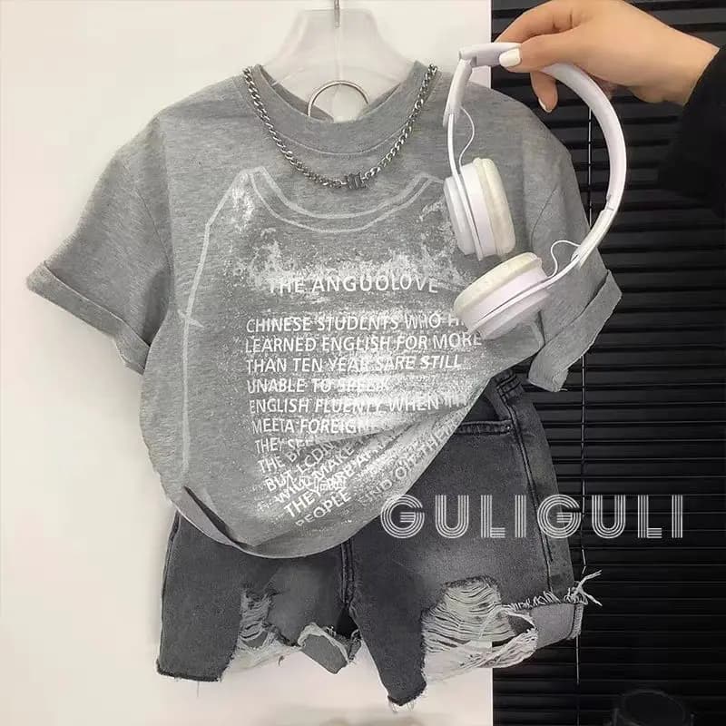 Boys New 2025 Summer Cotton Korean Gray Printed Top+ Denim Distressed Shorts Set Children's Top and Bottom Clothes Outfit Set