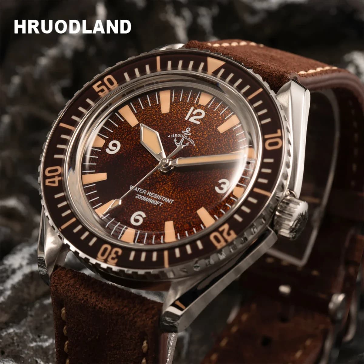Hruodland F025 Retro Sports Men Watches NH35 Automatic Mechanical Stainless Steel Brown Leather Strap Diving Wristwatch for Male