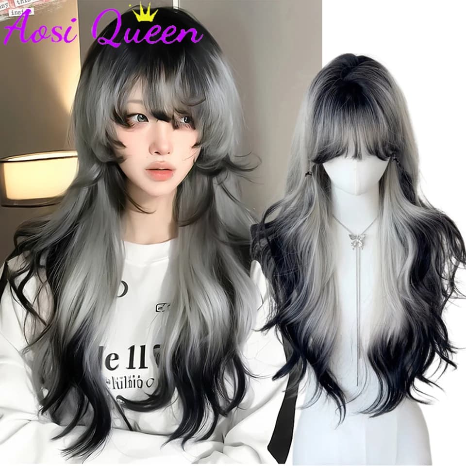 AOSI  Long Body Wave Black And Gray Gradient Cosplay Wigs Heat Resistant Synthetic Wigs Bangs Natural Lolita Wigs For Women