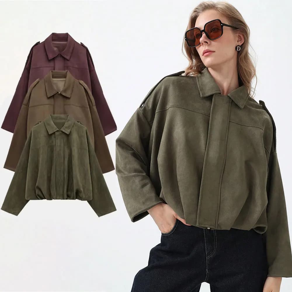 HH Women's Bomber Jackets Suede Coat Fashion Turn-down Collar Long Sleeve Loose Coats Vintage Female Outerwear Chic Tops