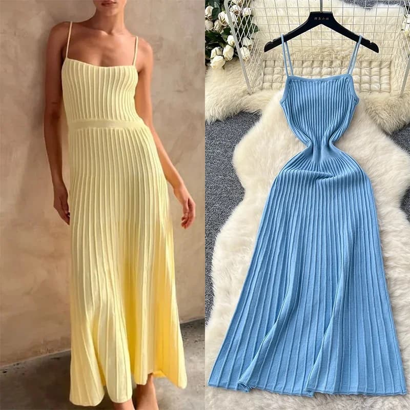 Knitted Pleated Long Dress High Waist Midi Sling Dress Elegant Sleeveless Yellow Dress Women Streetwear Black Bodycon Dress