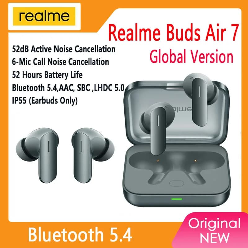 【Brand+】Global Version realme Buds Air 7 52dB Smart Active Noise Cancellation 12.4mm Deep Bass Driver BT5.4 360° Spatial