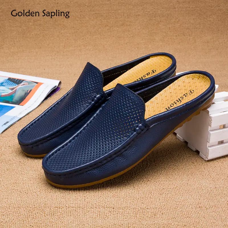 Golden Sapling Leisure Mules Fashion Party Slippers Men Genuine Leather Casual Shoes Men's Loafers Summer Moccasins Beach Slides