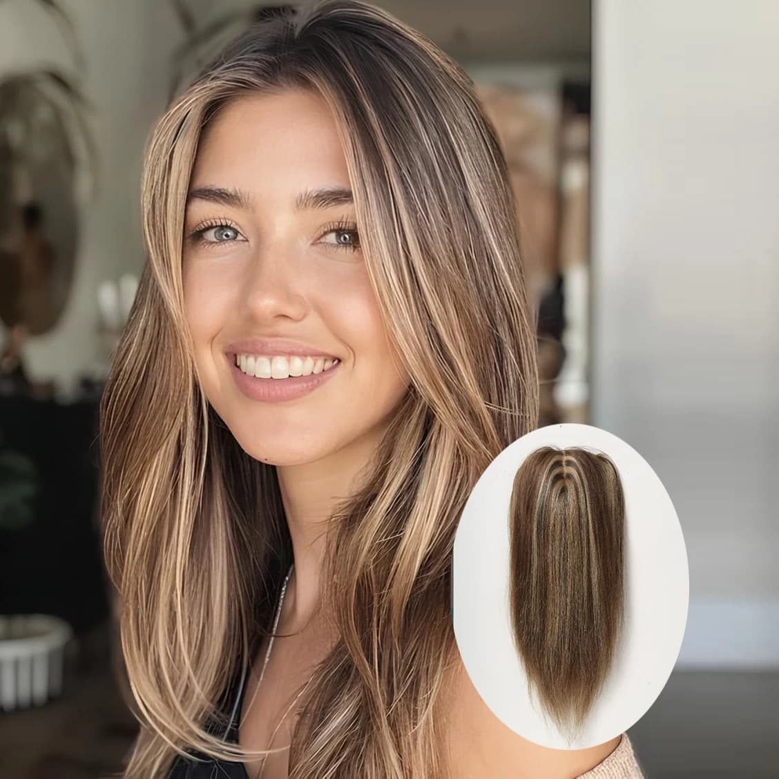 Brown Blonde Highlights Human Hair Topper 12 Inch Silk Base Clips in Hair Extension Middle Part 100% Remy Hair Topper for Women